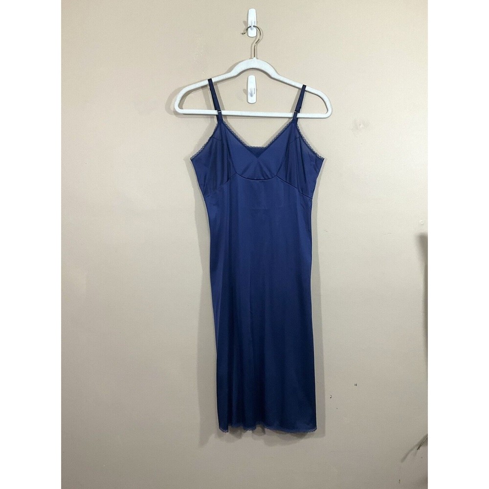 VTG Vanity Fair Womens Full Slip 34 L Navy Blue Nylon Antron III 70s Slip Dress